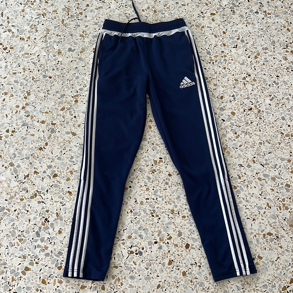 ADDIDAS NAVY BLUE AND WHITE TRACK PANTS WITH ZIPPERS BY THE ANKLES